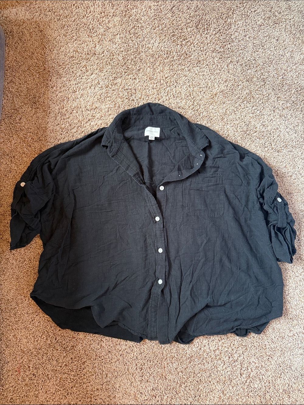 American Eagle Oversized Black Crinkle Gauze Button Up Shirt - L